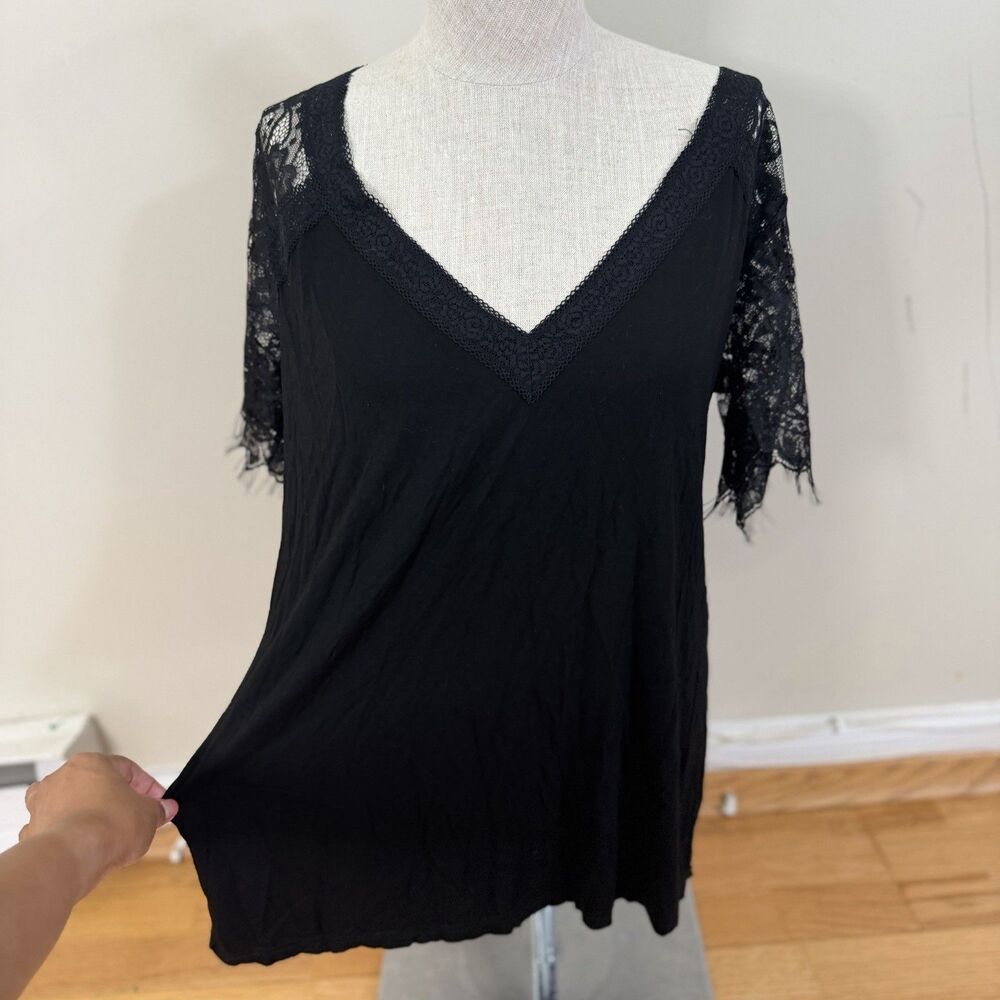 POL Lace Short Sleeve V-Neck Boho Blouse Top Black L Floral Sheer Whimsygoth